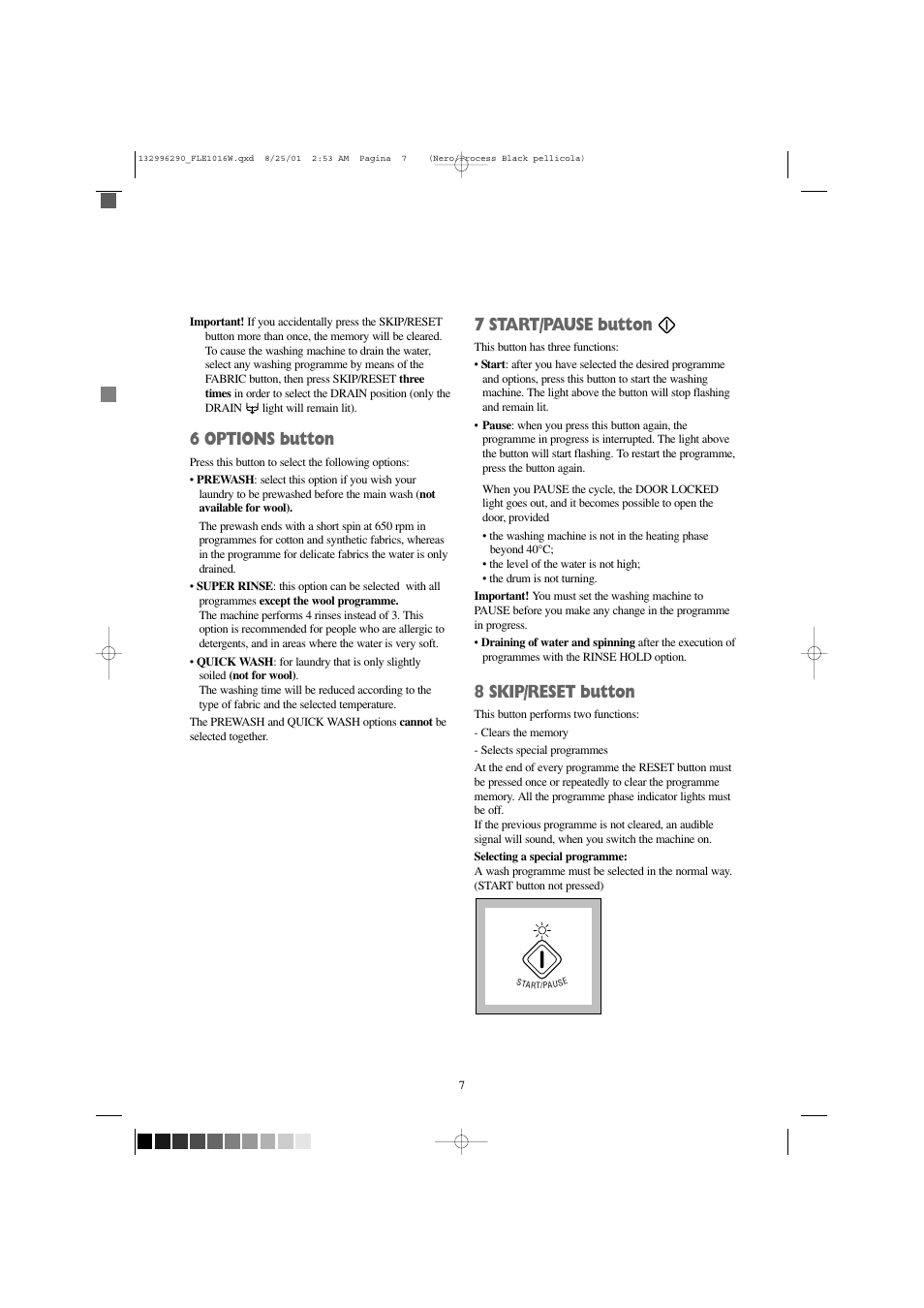 6 options button, 7 start/pause button, 8 skip/reset button | Zanussi FLE 1416 W User Manual | Page 7 / 28