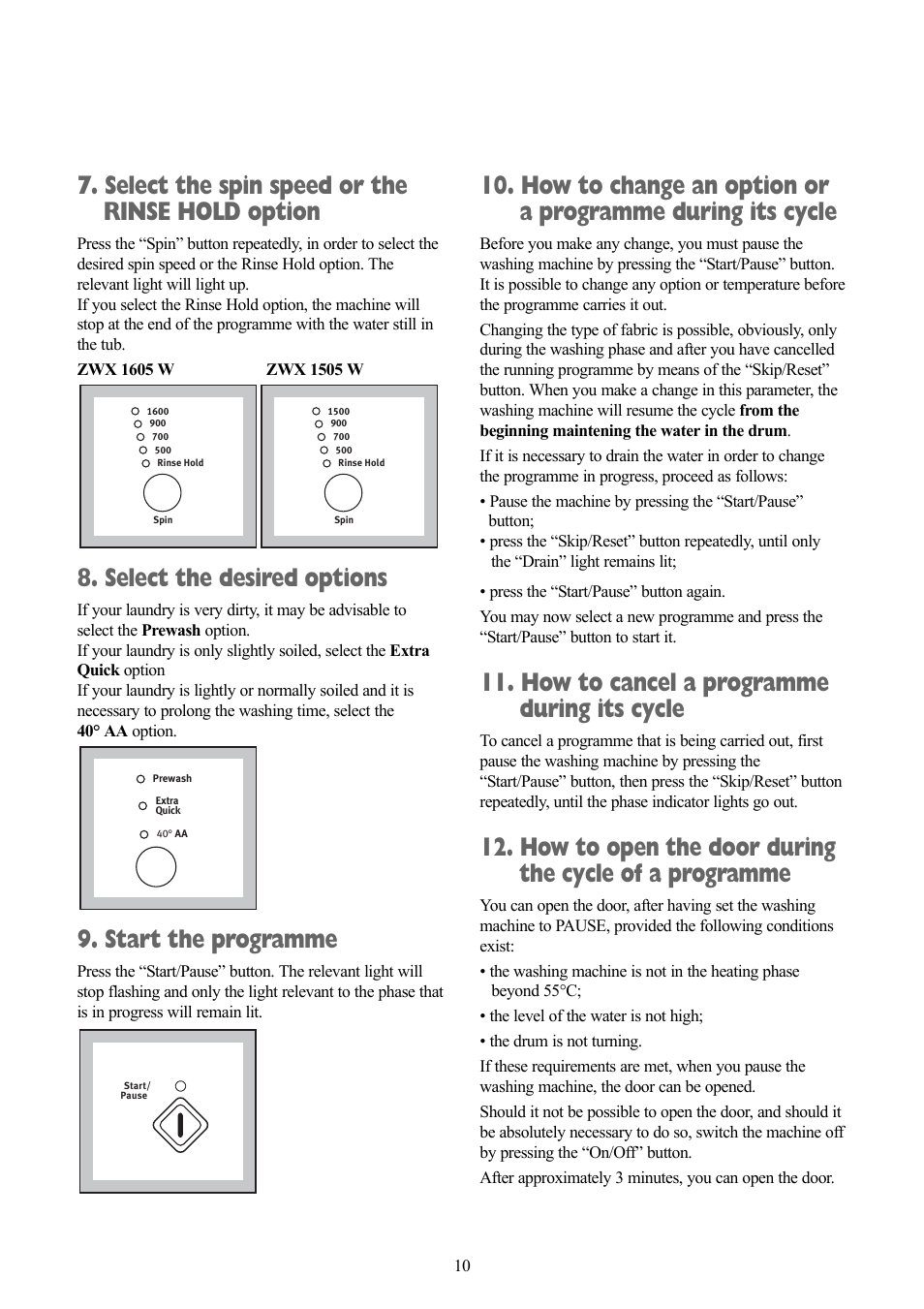 Select the spin speed or the rinse hold option, Select the desired options, Start the programme | How to cancel a programme during its cycle | Zanussi ZWX 1505 W User Manual | Page 10 / 28