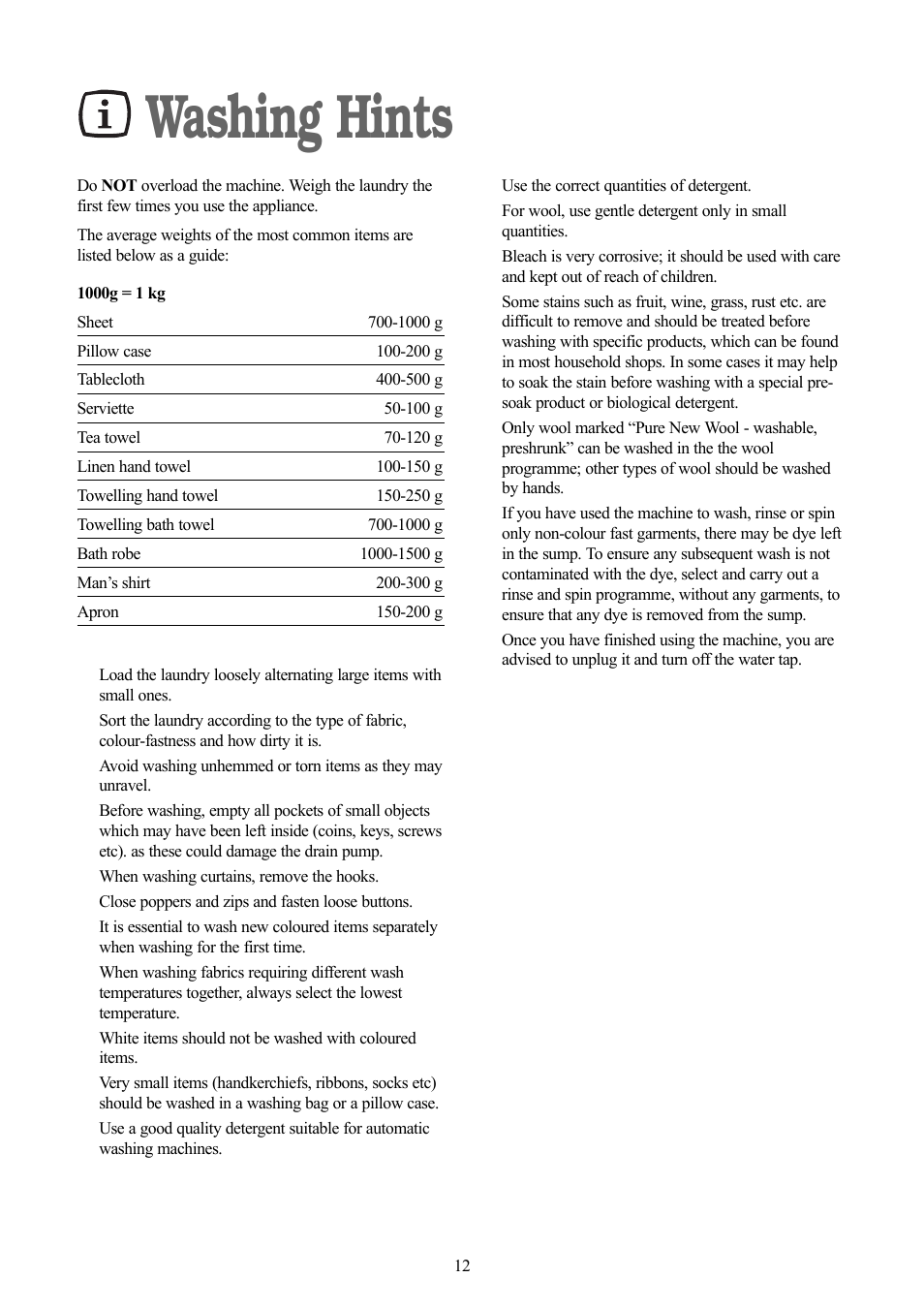 Washing hints | Zanussi ZWX 1505 W User Manual | Page 12 / 28