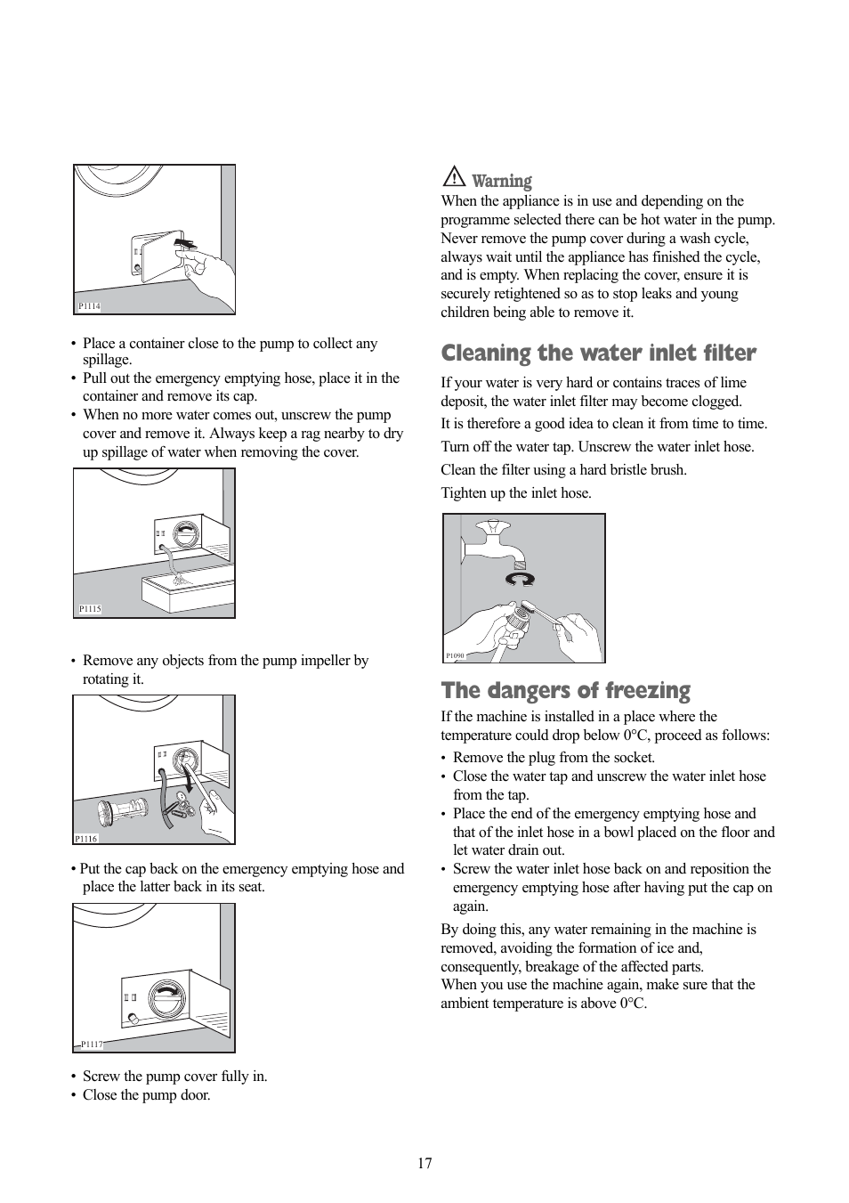 Cleaning the water inlet filter, The dangers of freezing, Warning | Zanussi ZWX 1505 W User Manual | Page 17 / 28