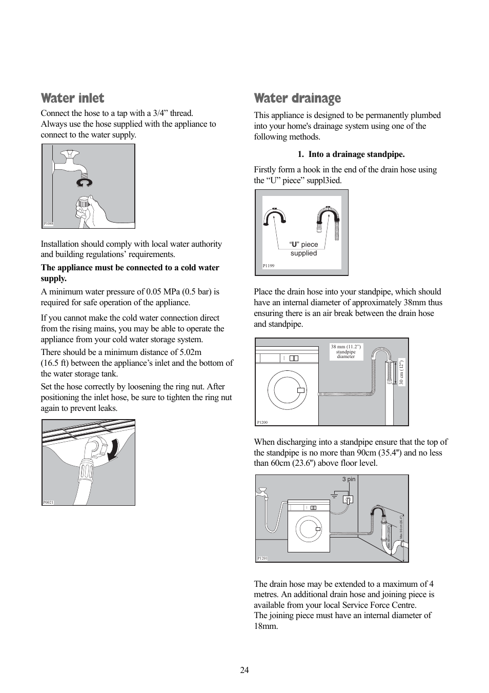 Water inlet, Water drainage | Zanussi ZWX 1505 W User Manual | Page 24 / 28