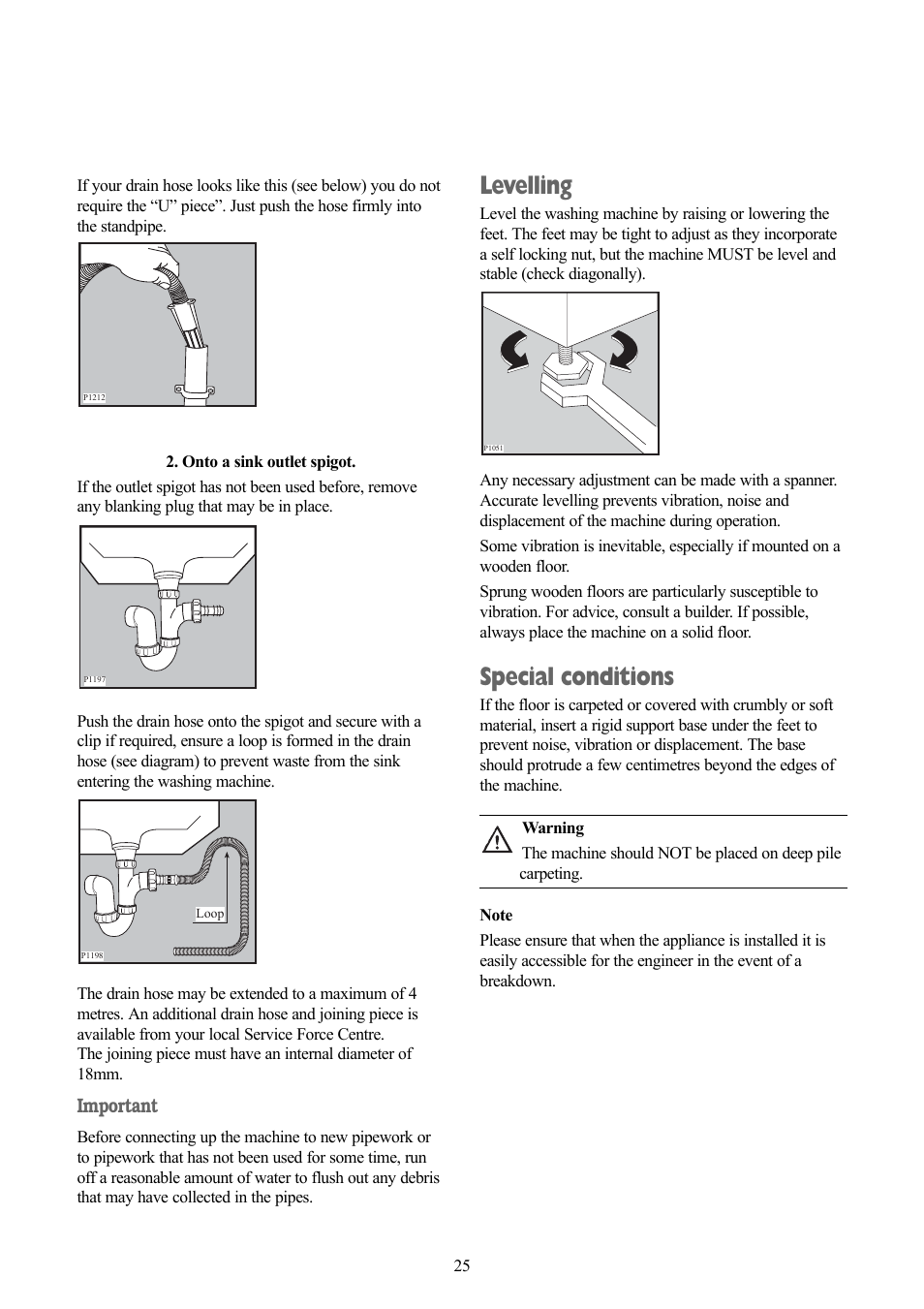 Levelling, Special conditions, Important | Zanussi ZWX 1505 W User Manual | Page 25 / 28