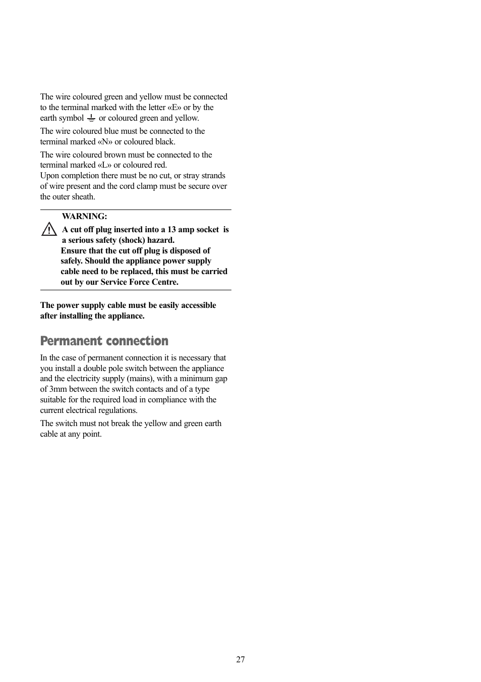 Permanent connection | Zanussi ZWX 1505 W User Manual | Page 27 / 28