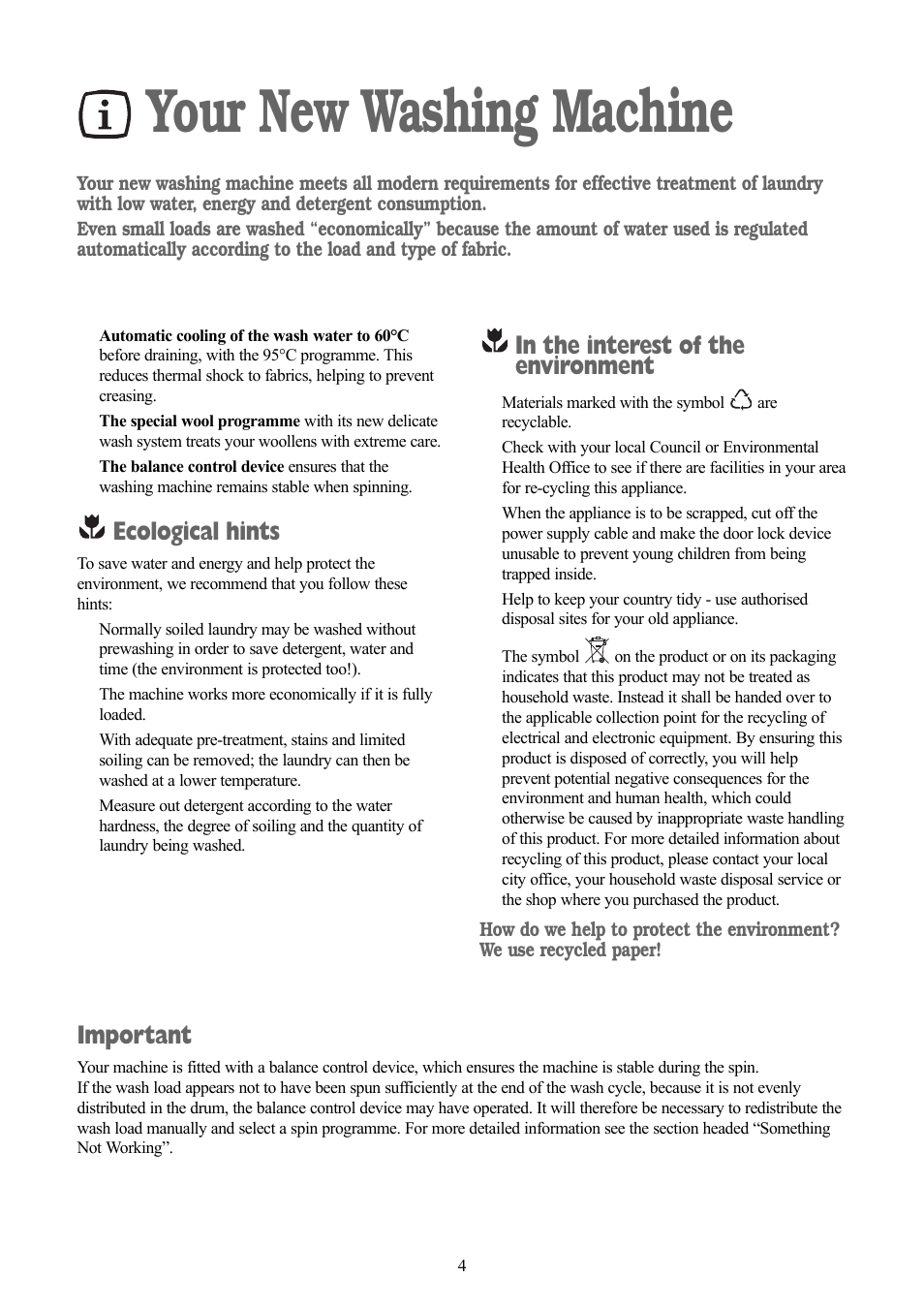 Your new washing machine, Ecological hints, Important | Zanussi ZWX 1505 W User Manual | Page 4 / 28