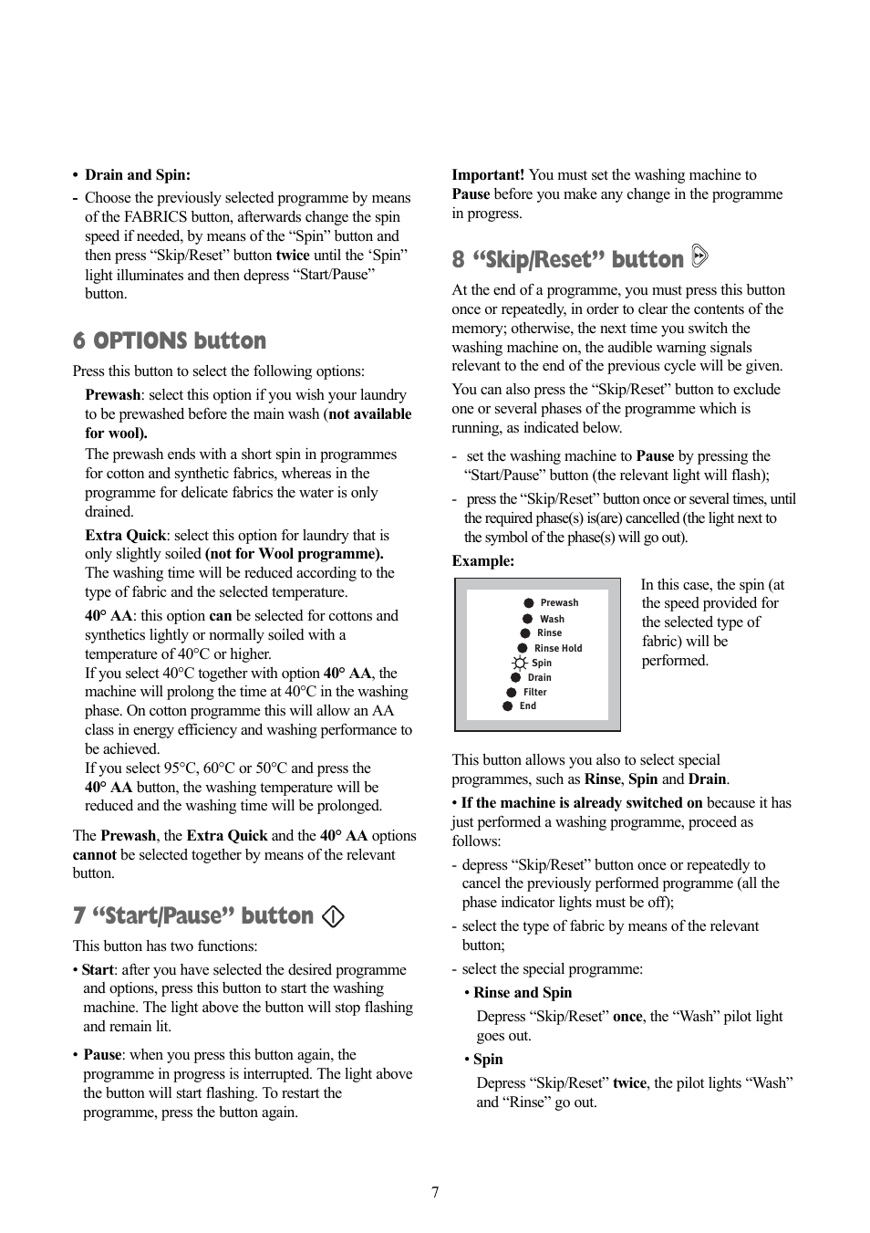 6 options button, 7 “start/pause” button, 8 “skip/reset” button | Zanussi ZWX 1505 W User Manual | Page 7 / 28