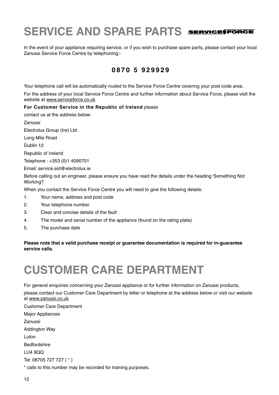 Customer care department, Service and spare parts | Zanussi ZI 9454 X User Manual | Page 12 / 24