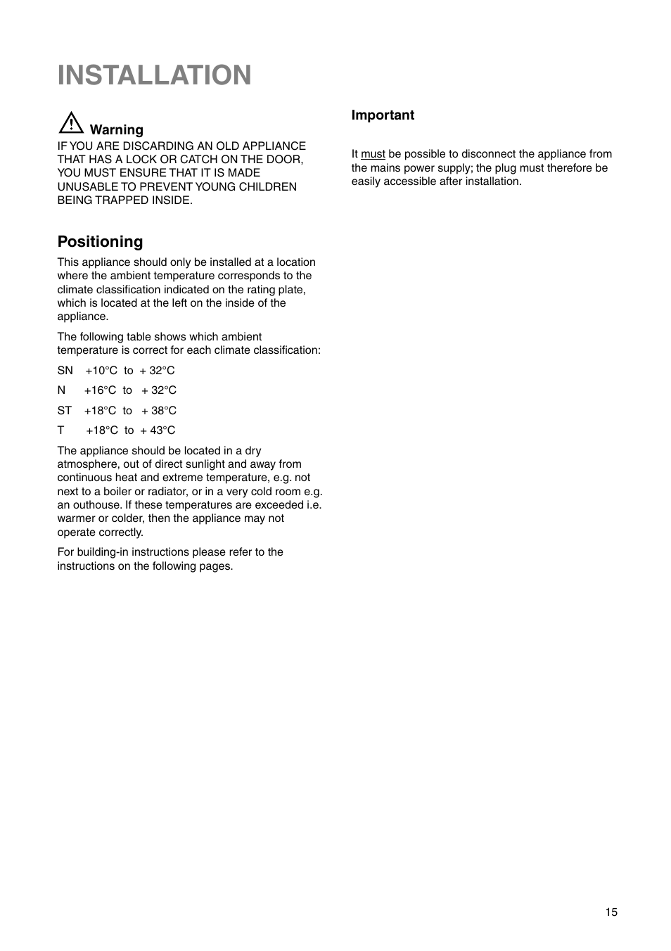 Installation, Positioning | Zanussi ZI 9454 X User Manual | Page 15 / 24