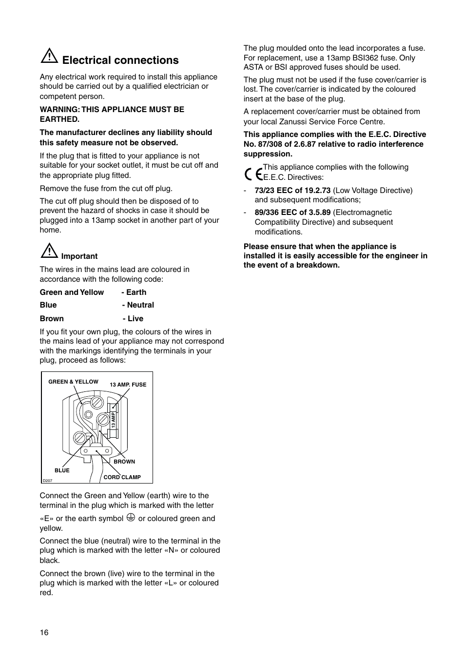 Electrical connections | Zanussi ZI 9454 X User Manual | Page 16 / 24