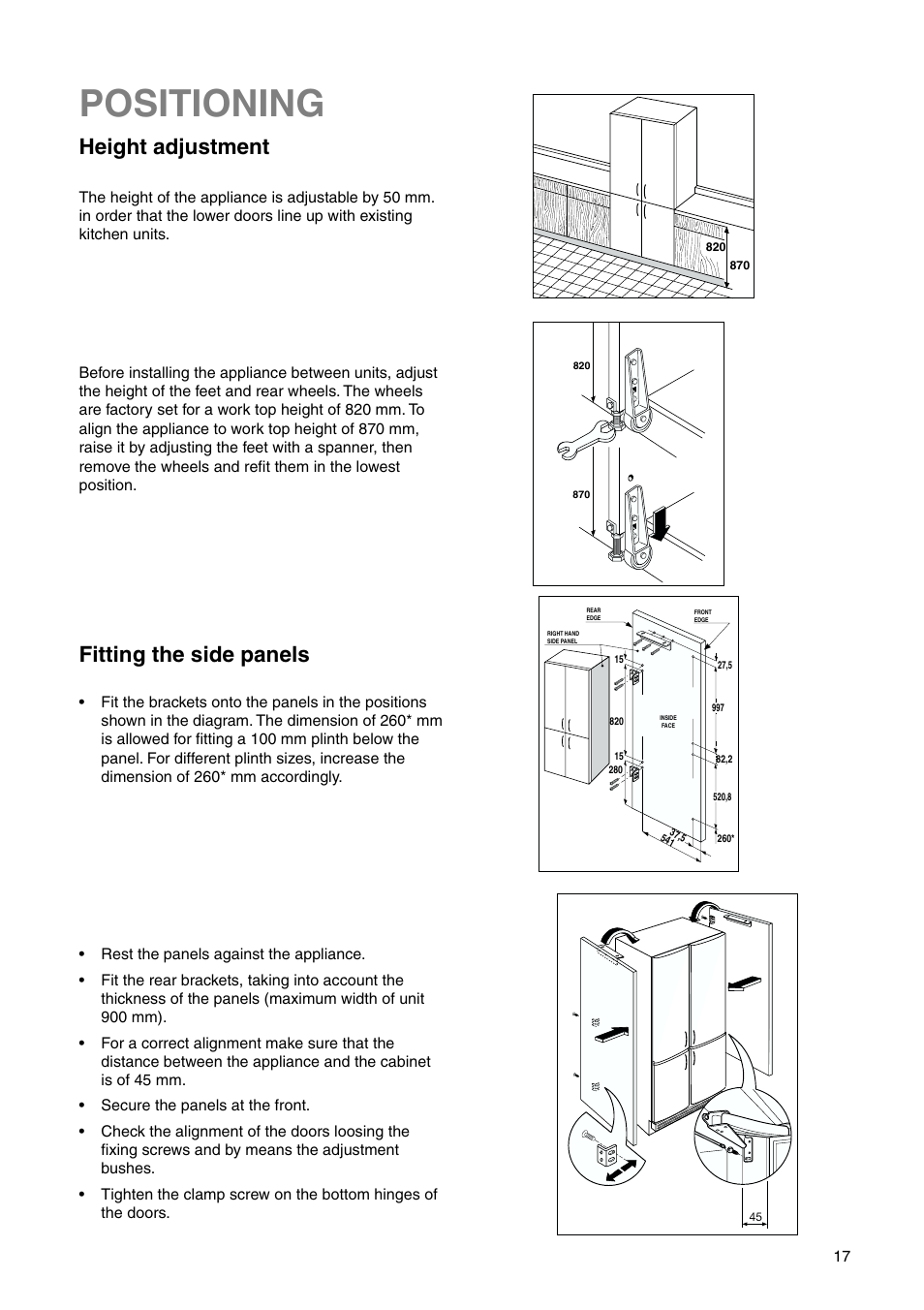 Positioning, Height adjustment, Fitting the side panels | Zanussi ZI 9454 X User Manual | Page 17 / 24