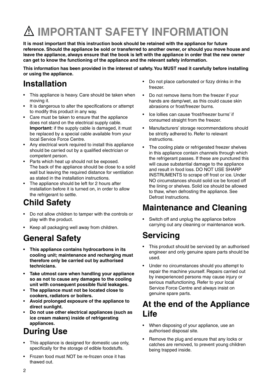 Important safety information, Installation, Child safety | General safety, During use, Maintenance and cleaning, Servicing, At the end of the appliance life | Zanussi ZI 9454 X User Manual | Page 2 / 24