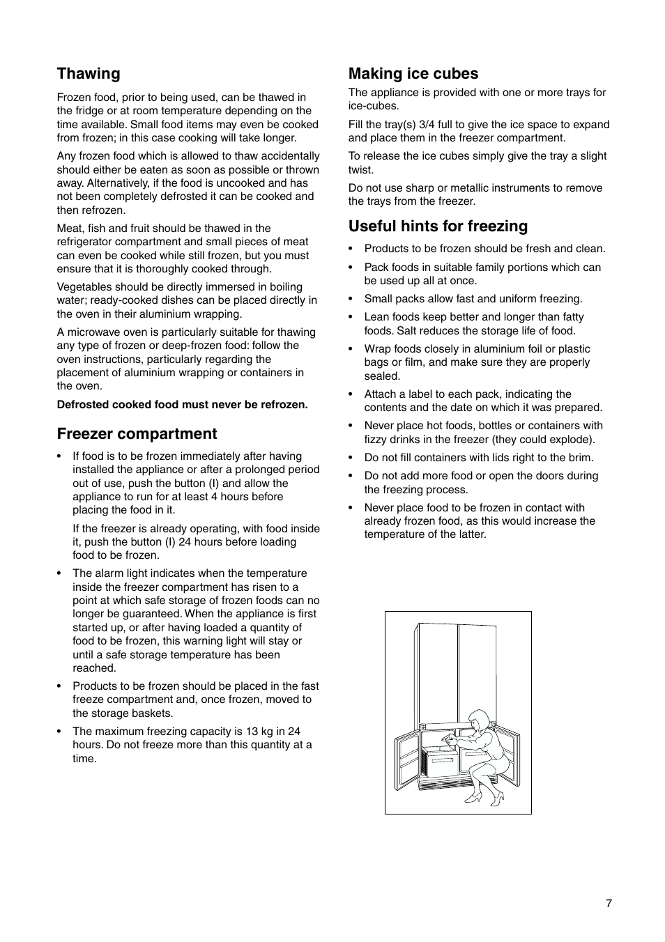 Thawing, Making ice cubes, Freezer compartment | Useful hints for freezing | Zanussi ZI 9454 X User Manual | Page 7 / 24