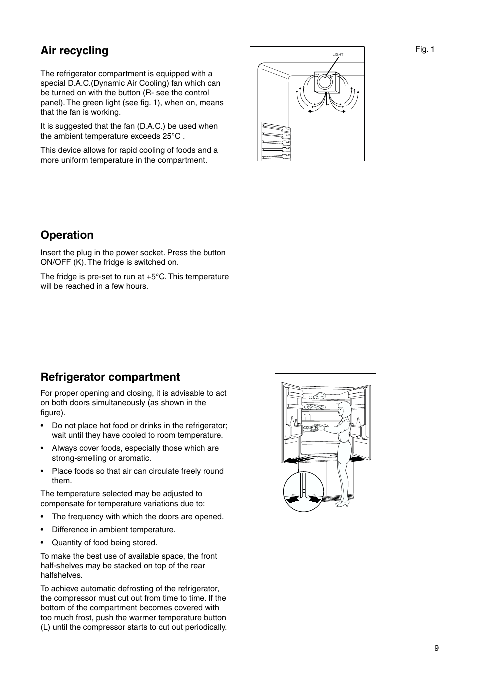 Refrigerator compartment, Air recycling, Operation | Zanussi ZI 9454 X User Manual | Page 9 / 24