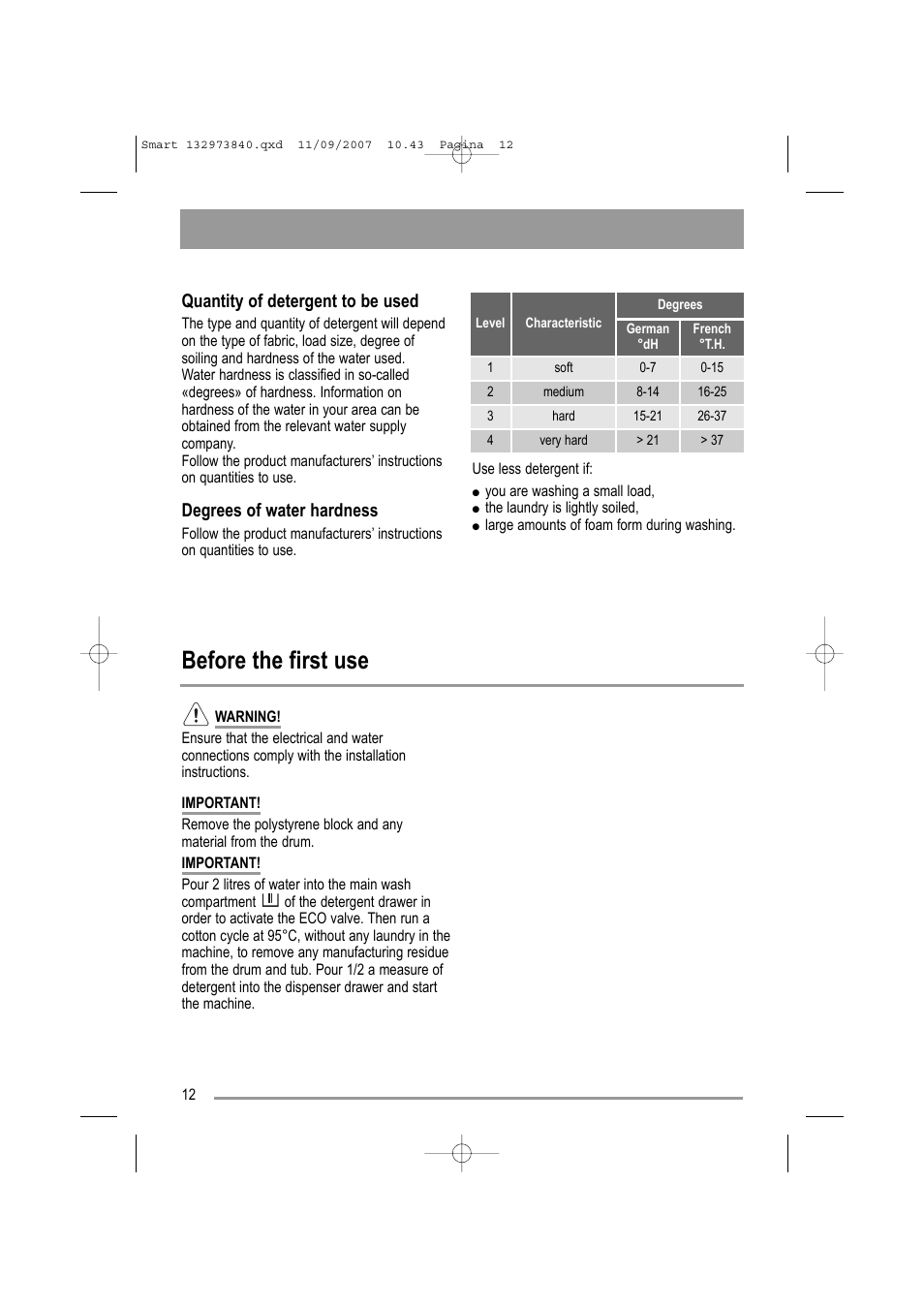 Before the first use, Quantity of detergent to be used, Degrees of water hardness | Zanussi ZWF 14280 W User Manual | Page 12 / 36