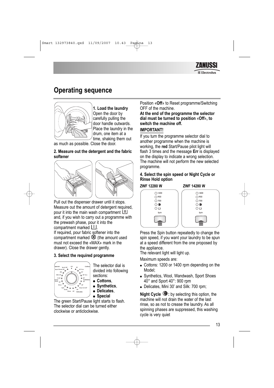 Operating sequence, Cottons, Synthetics | Delicates | Zanussi ZWF 14280 W User Manual | Page 13 / 36