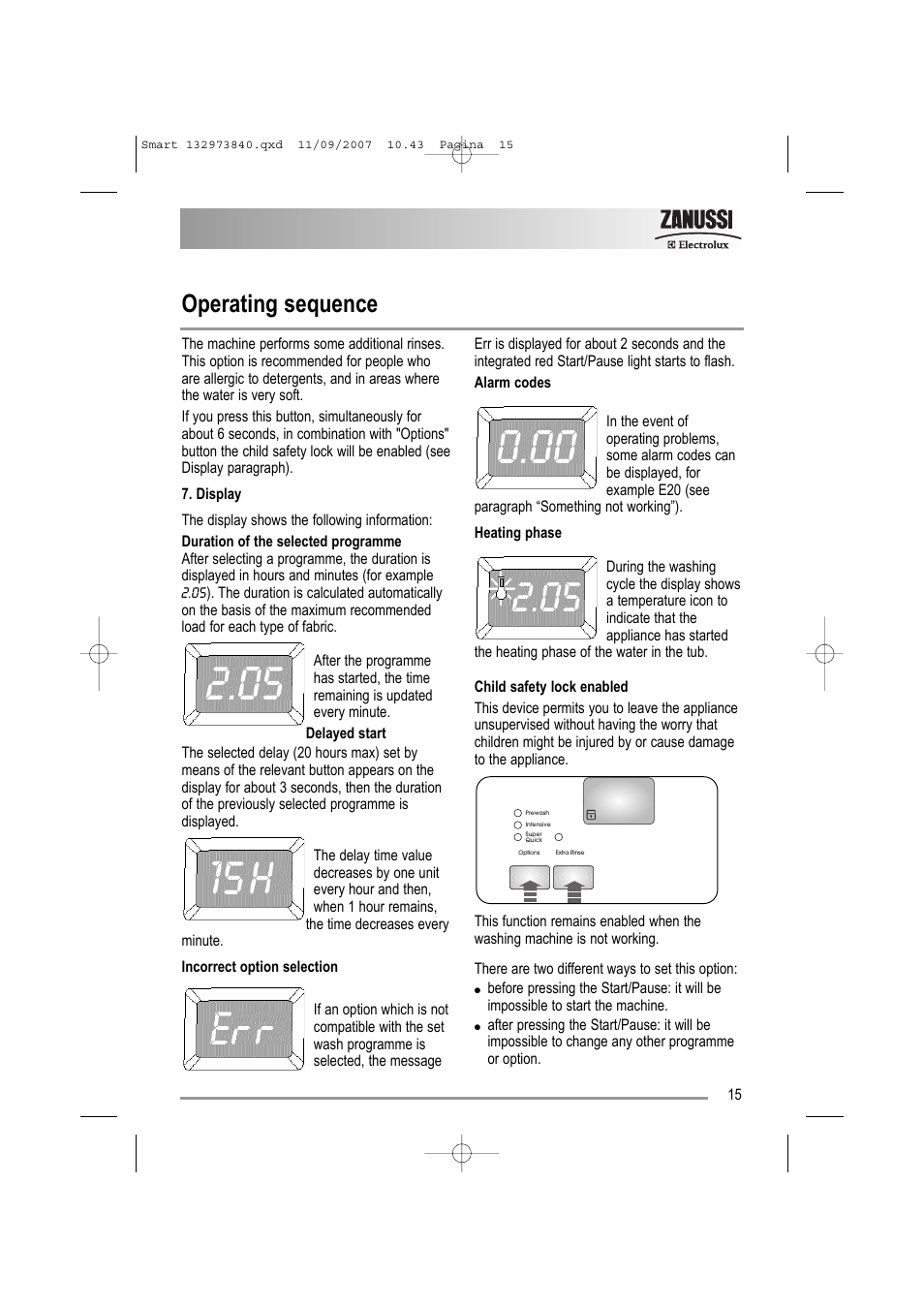 Operating sequence | Zanussi ZWF 14280 W User Manual | Page 15 / 36