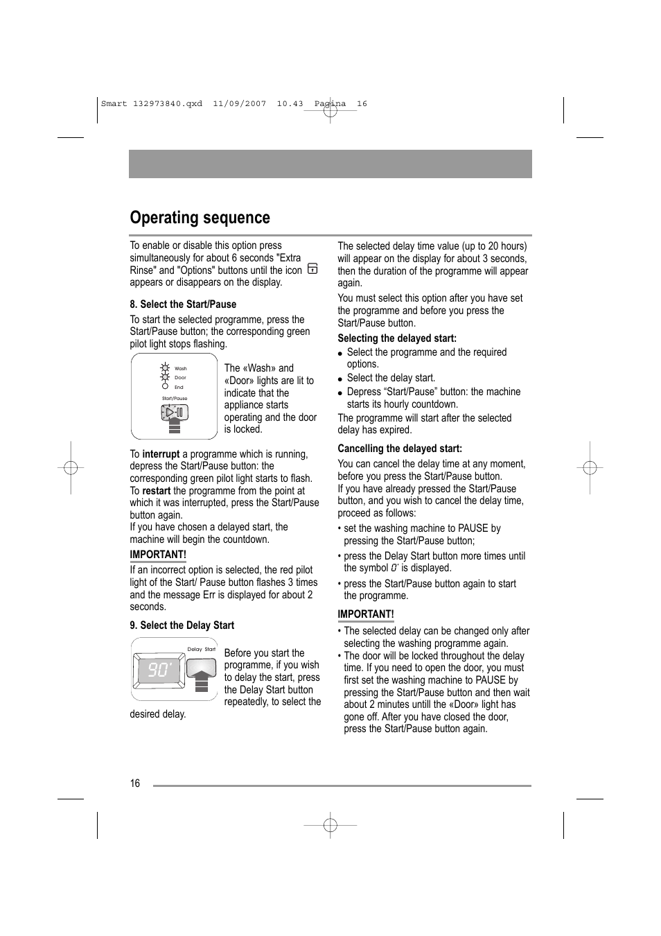 Operating sequence | Zanussi ZWF 14280 W User Manual | Page 16 / 36