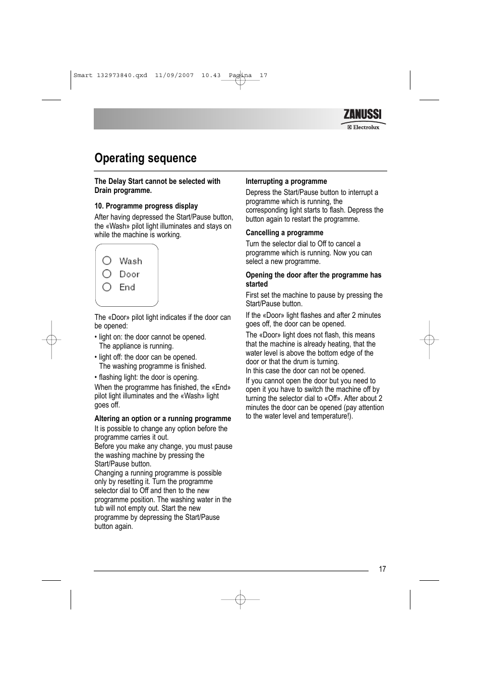 Operating sequence | Zanussi ZWF 14280 W User Manual | Page 17 / 36