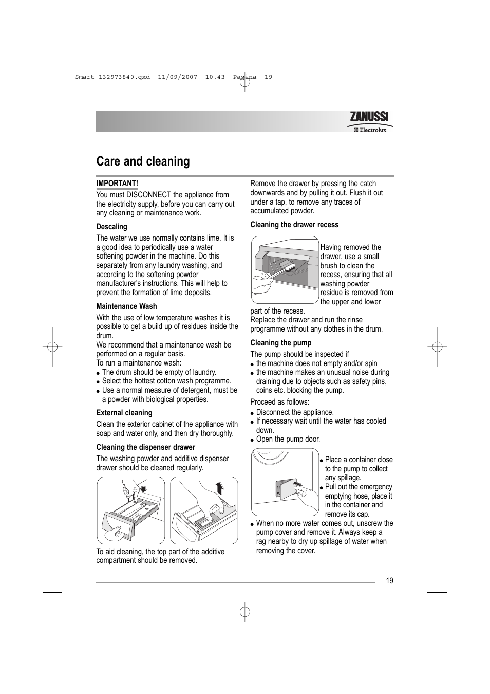 Care and cleaning | Zanussi ZWF 14280 W User Manual | Page 19 / 36