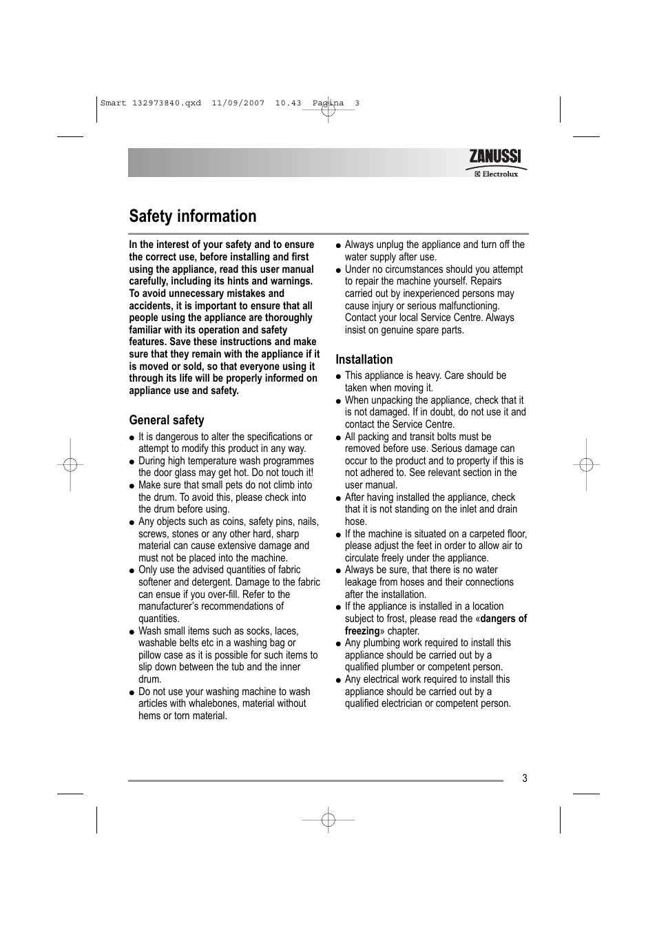 Safety information, General safety, Installation | Zanussi ZWF 14280 W User Manual | Page 3 / 36