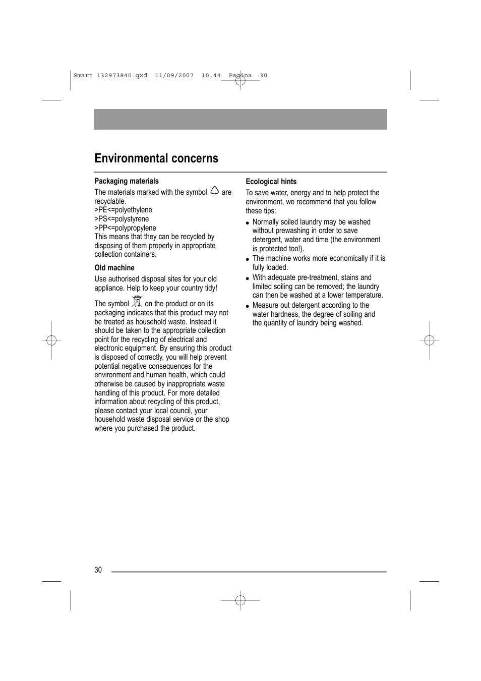 Environmental concerns | Zanussi ZWF 14280 W User Manual | Page 30 / 36