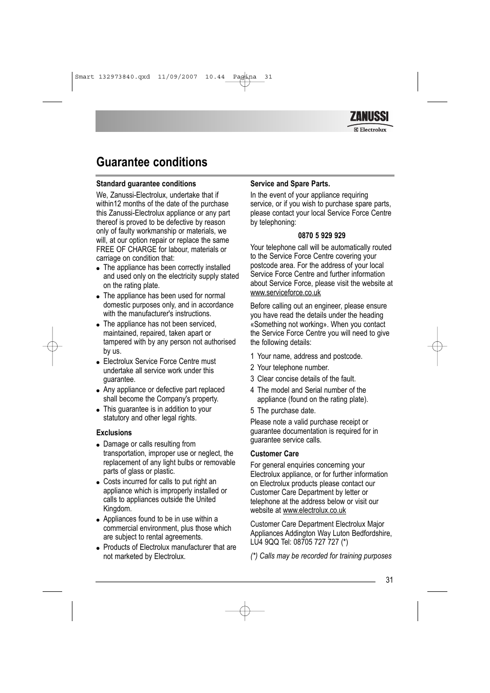 Guarantee conditions | Zanussi ZWF 14280 W User Manual | Page 31 / 36