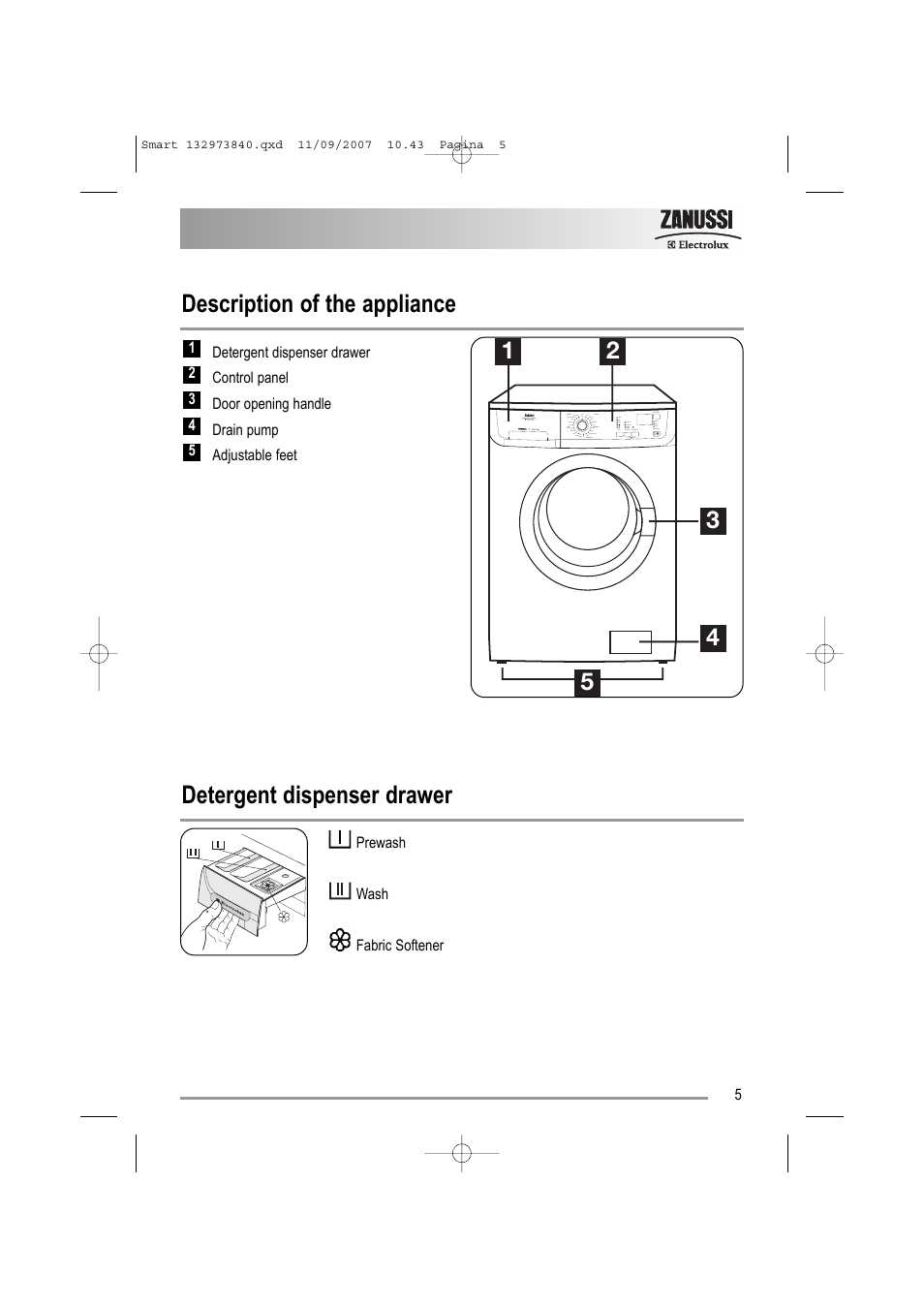 Description of the appliance, Detergent dispenser drawer | Zanussi ZWF 14280 W User Manual | Page 5 / 36