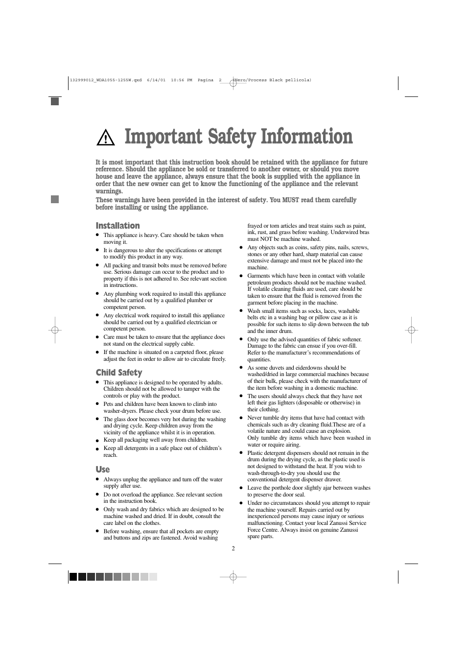 Important safety information, Installation, Child safety | Zanussi WDA 1255 W User Manual | Page 2 / 31