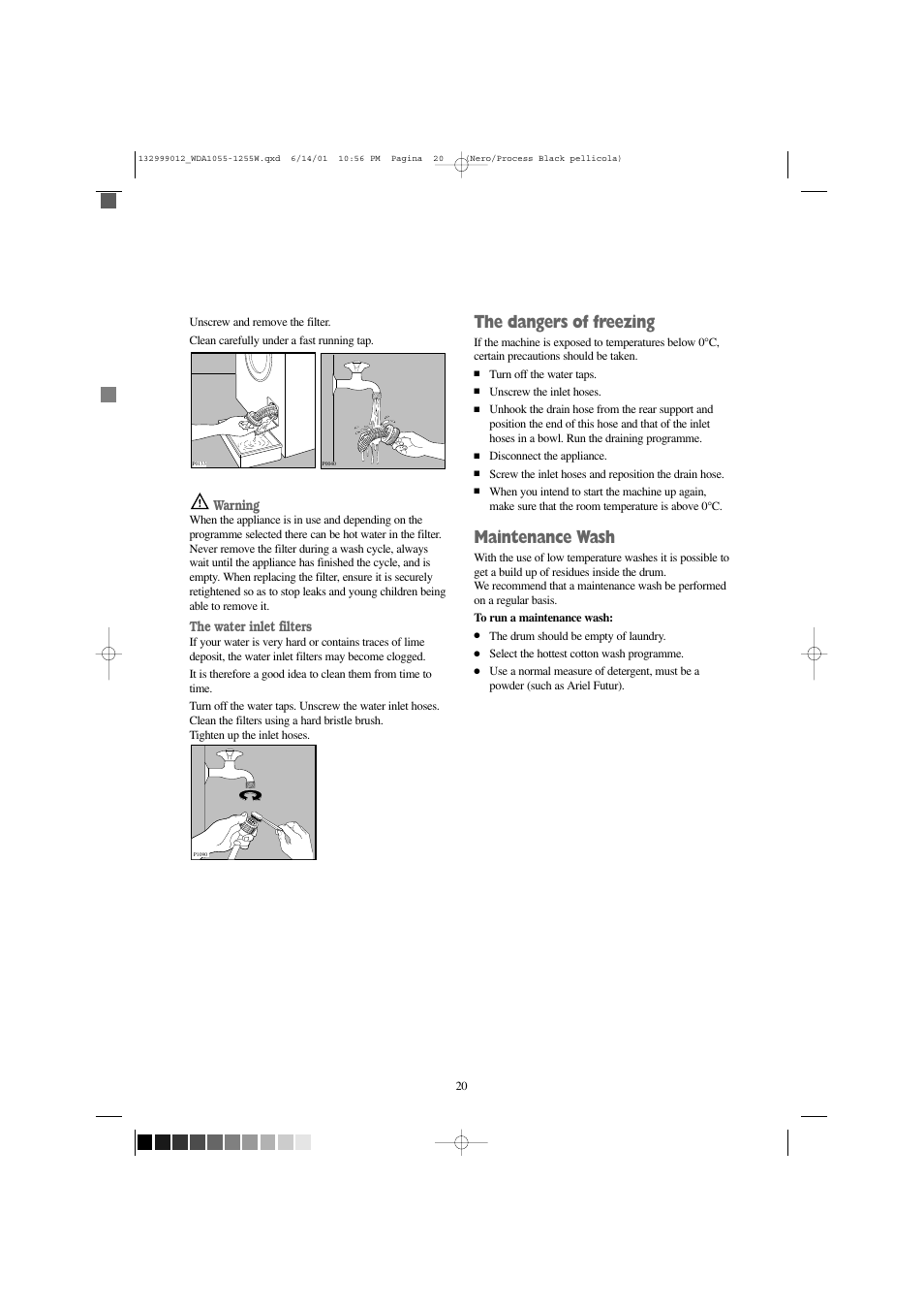 The dangers of freezing, Maintenance wash | Zanussi WDA 1255 W User Manual | Page 20 / 31