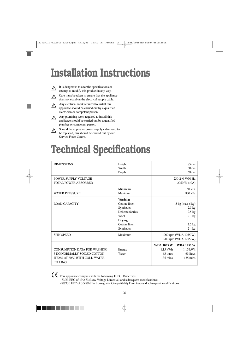 Installation instructions technical specifications | Zanussi WDA 1255 W User Manual | Page 26 / 31
