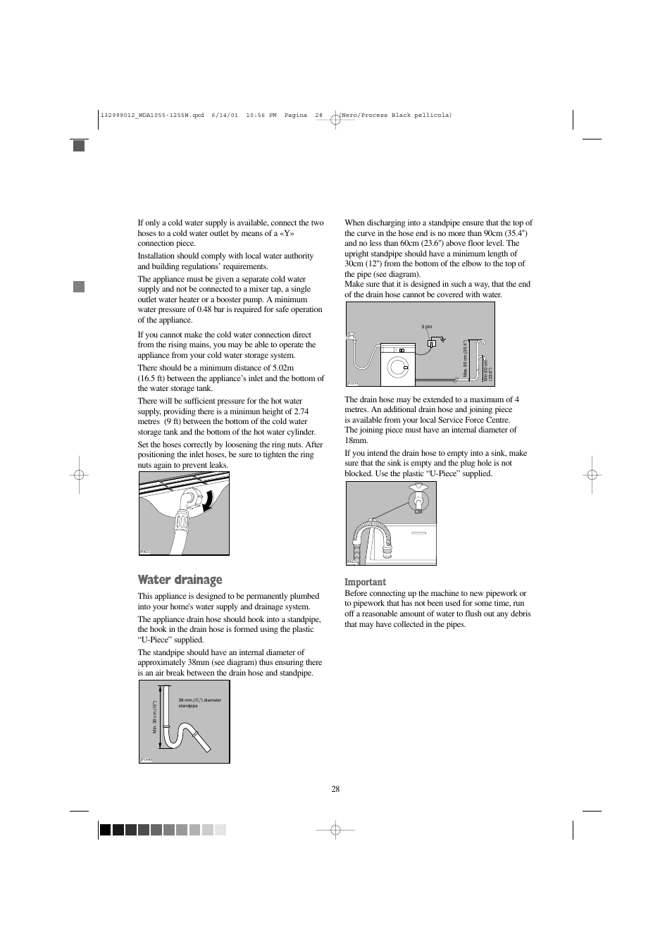 Water drainage, Important | Zanussi WDA 1255 W User Manual | Page 28 / 31