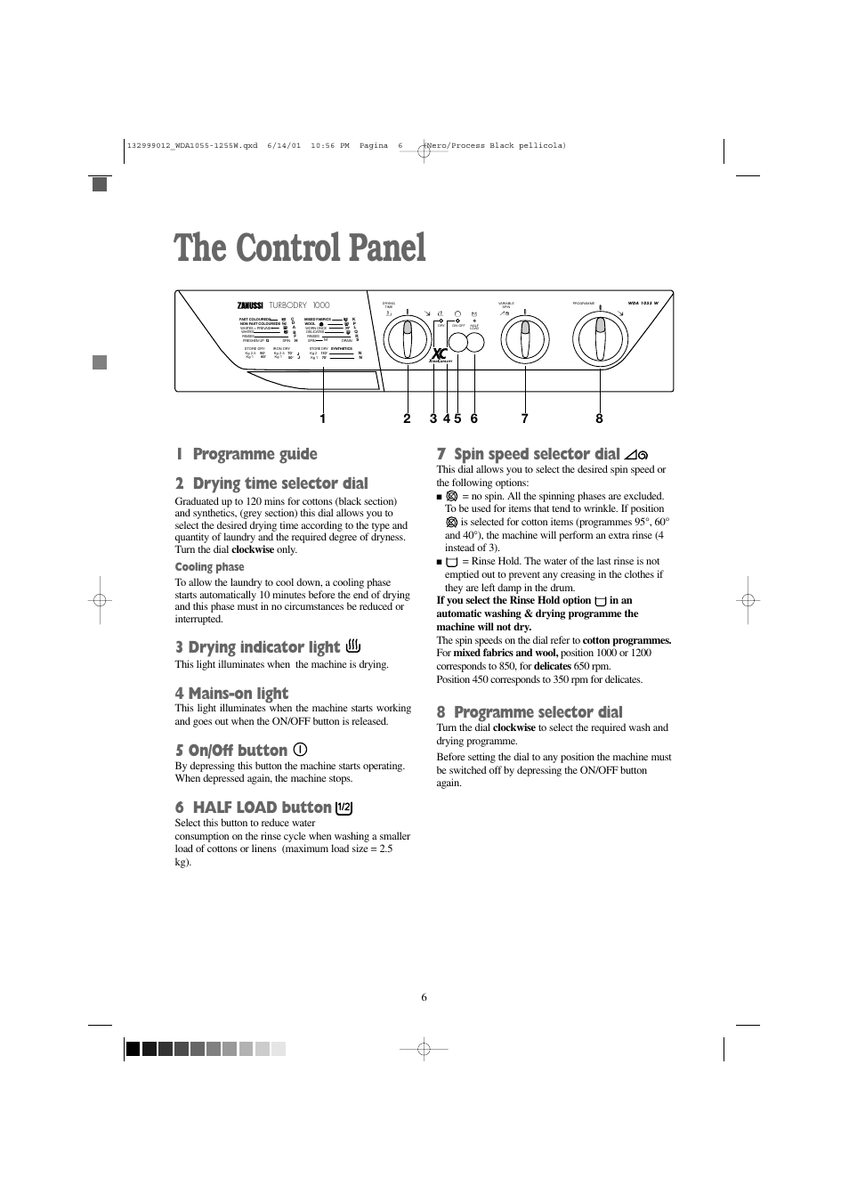 The control panel, 7 spin speed selector dial, 8 programme selector dial | 1 programme guide 2 drying time selector dial, 3 drying indicator light, 4 mains-on light, 5 on/off button, 6 half load button, Cooling phase, This light illuminates when the machine is drying | Zanussi WDA 1255 W User Manual | Page 6 / 31