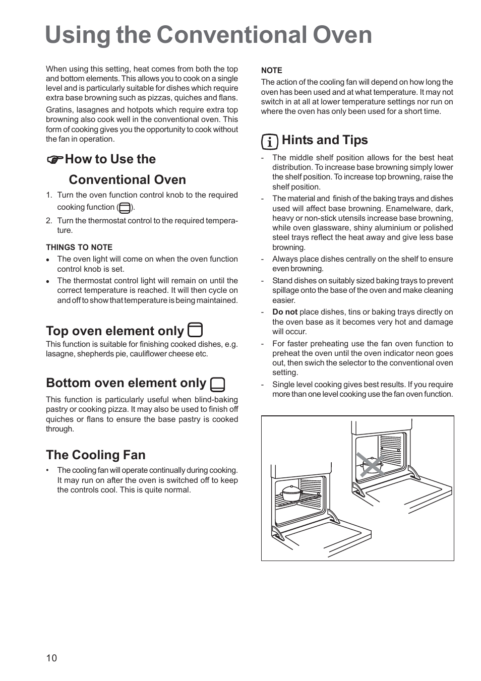 Using the conventional oven, How to use the conventional oven, Top oven element only | Bottom oven element only, The cooling fan, Hints and tips | Zanussi ZBS863 User Manual | Page 10 / 24