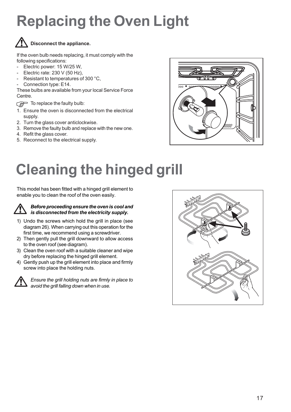 Replacing the oven light, Cleaning the hinged grill | Zanussi ZBS863 User Manual | Page 17 / 24