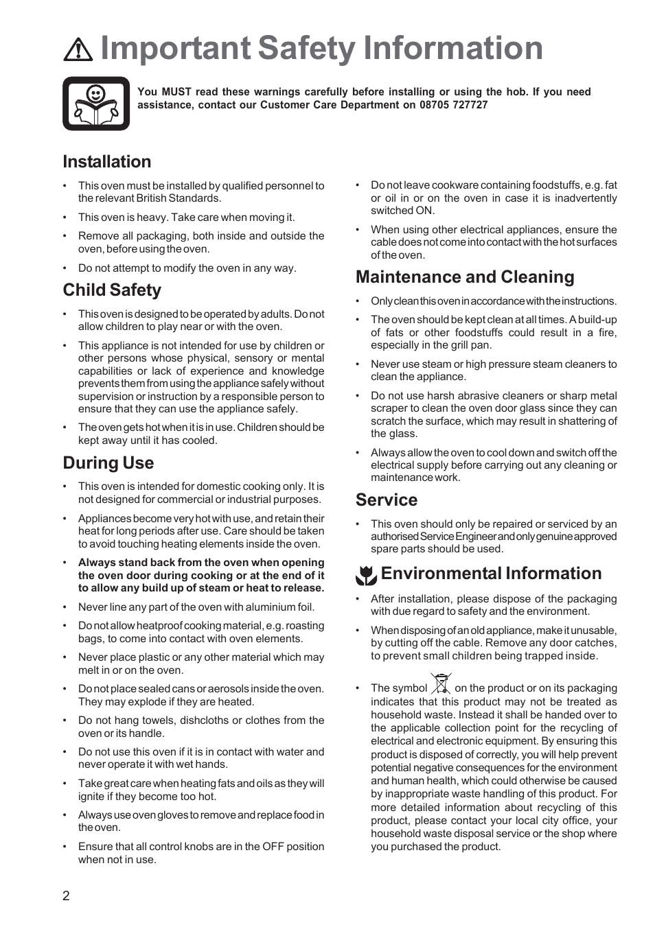 Important safety information, Installation, Child safety | During use, Maintenance and cleaning, Service, Environmental information | Zanussi ZBS863 User Manual | Page 2 / 24