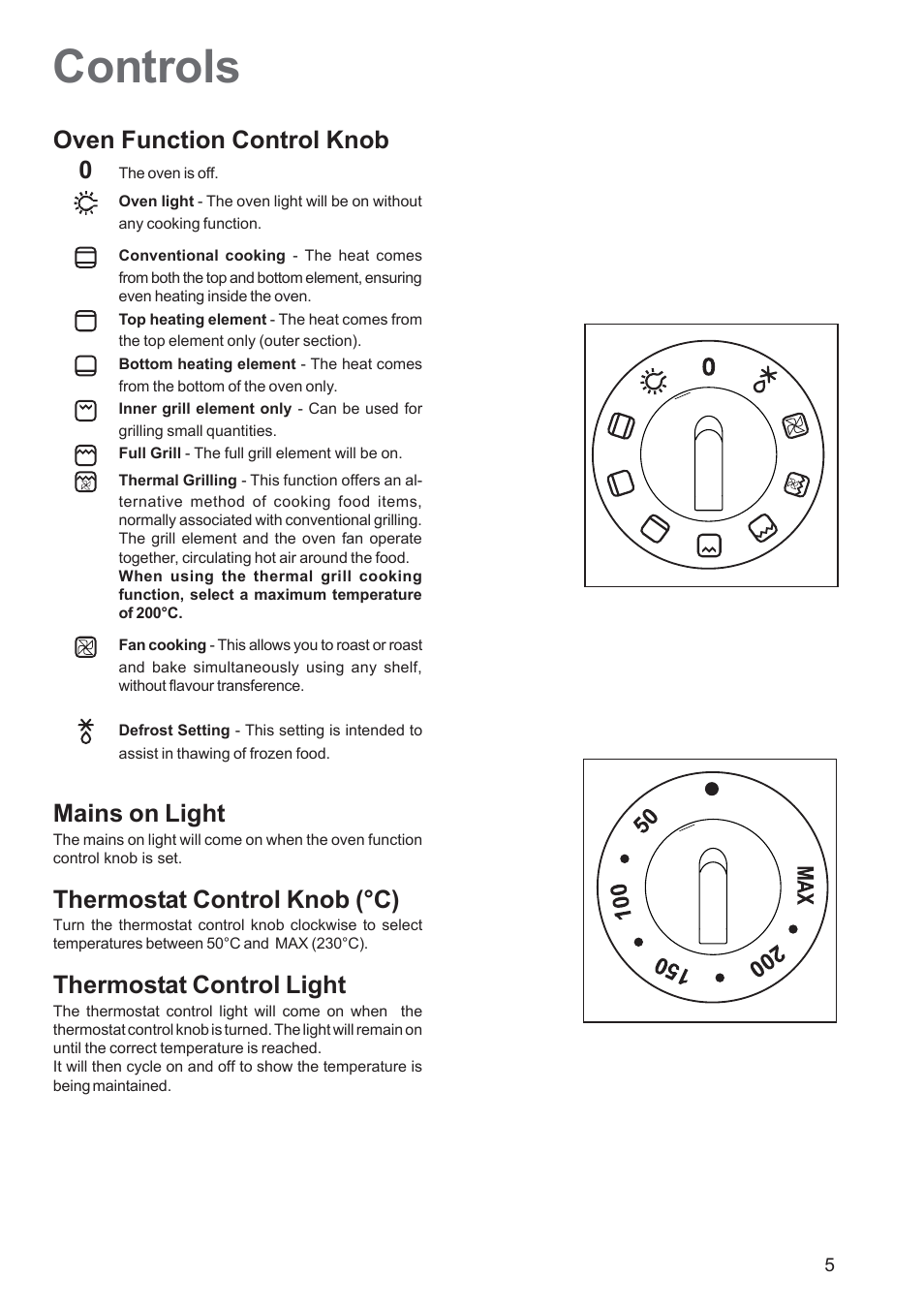 Controls, Oven function control knob 0, Mains on light | Thermostat control knob (°c), Thermostat control light | Zanussi ZBS863 User Manual | Page 5 / 24