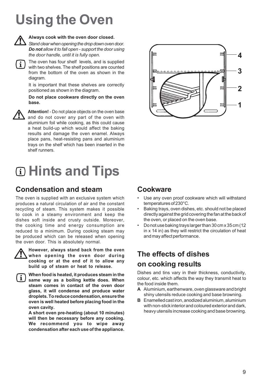 Hints and tips using the oven, Condensation and steam, Cookware | The effects of dishes on cooking results | Zanussi ZBS863 User Manual | Page 9 / 24