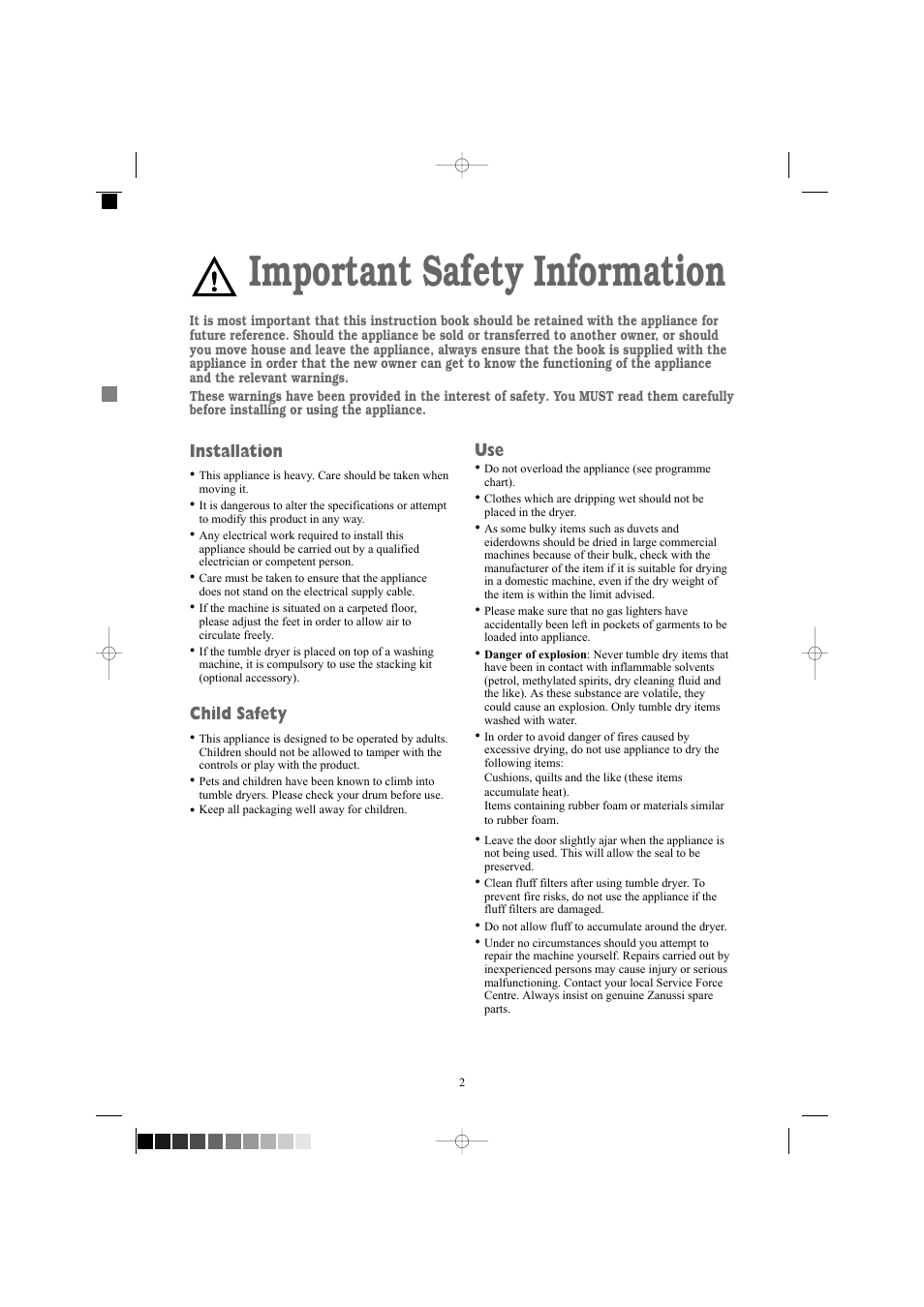 Important safety information, Installation, Child safety | Zanussi TCE 7124 W User Manual | Page 2 / 16