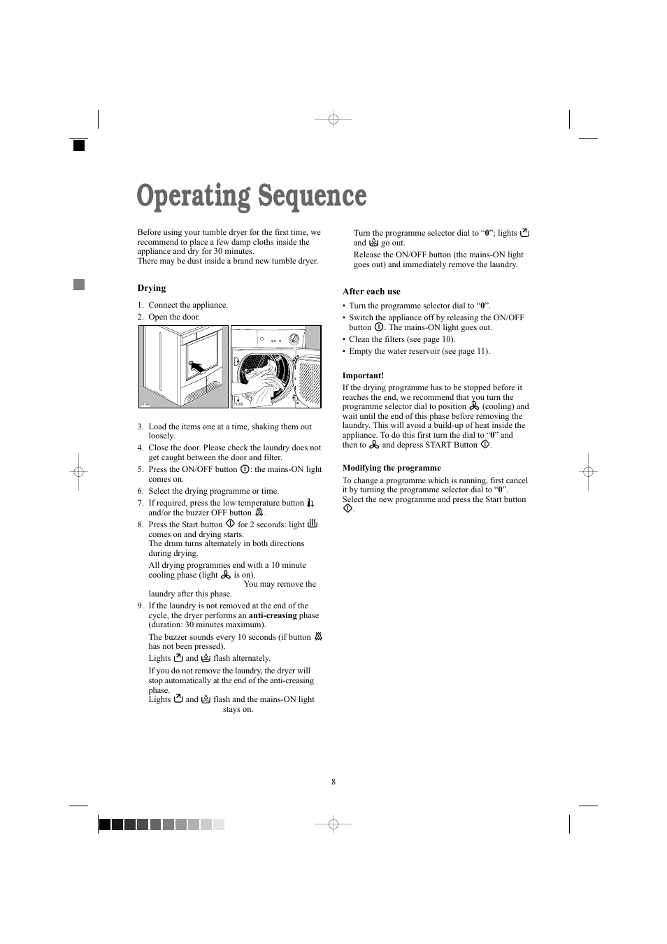 Operating sequence | Zanussi TCE 7124 W User Manual | Page 8 / 16