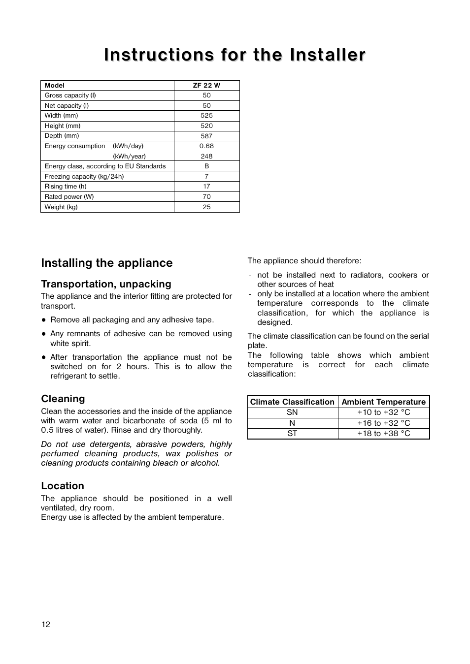 Installing the appliance | Zanussi ZF 22 W User Manual | Page 12 / 16