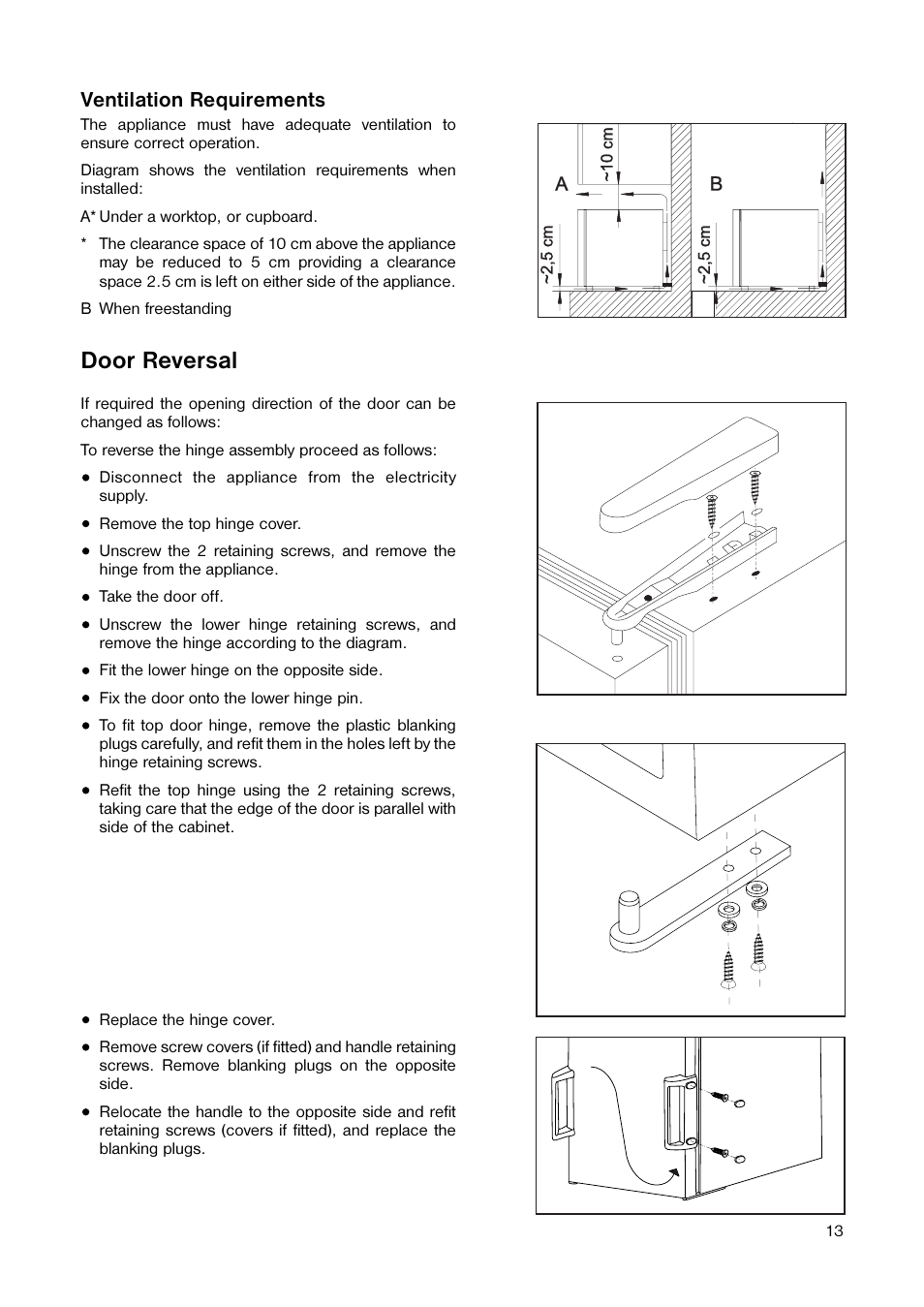 Door reversal, Ventilation requirements | Zanussi ZF 22 W User Manual | Page 13 / 16