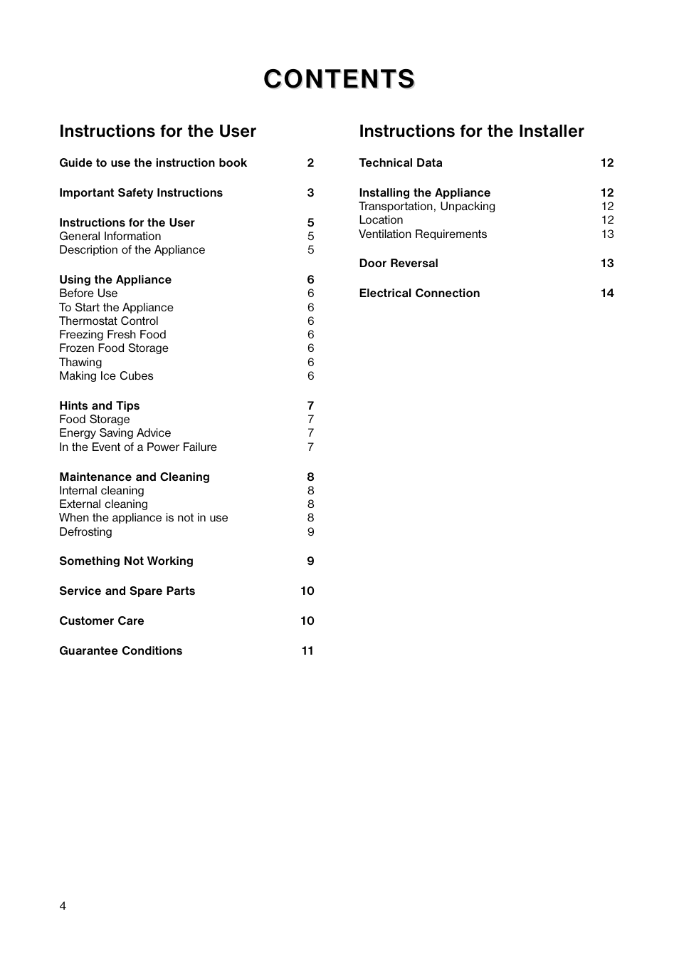 Content, Content s s, Instructions for the user | Instructions for the installer | Zanussi ZF 22 W User Manual | Page 4 / 16
