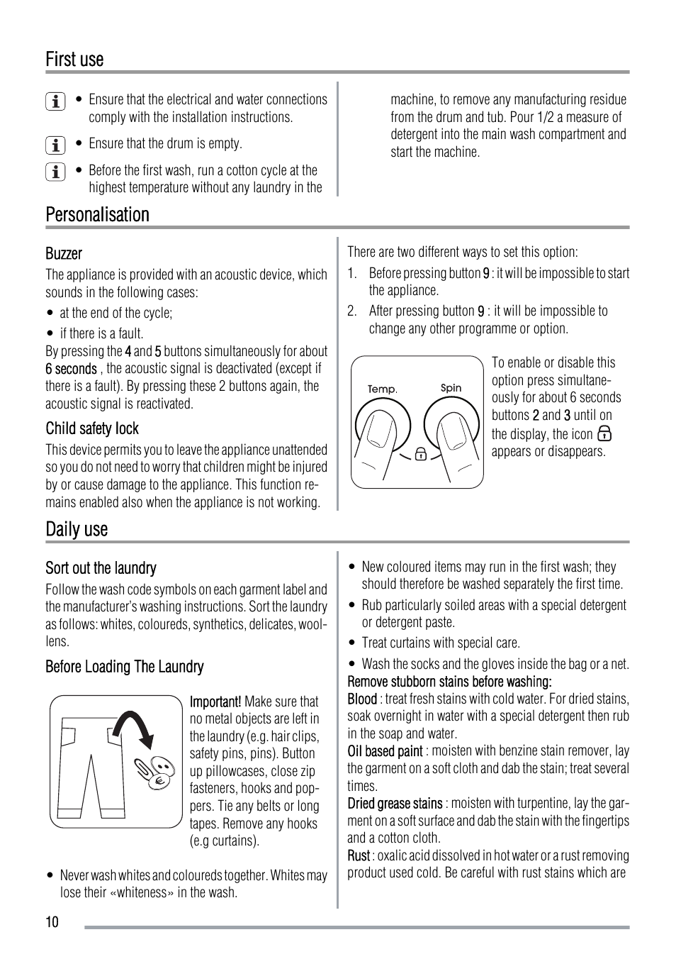 First use, Personalisation, Daily use | Zanussi ZWG 7120 P User Manual | Page 10 / 32