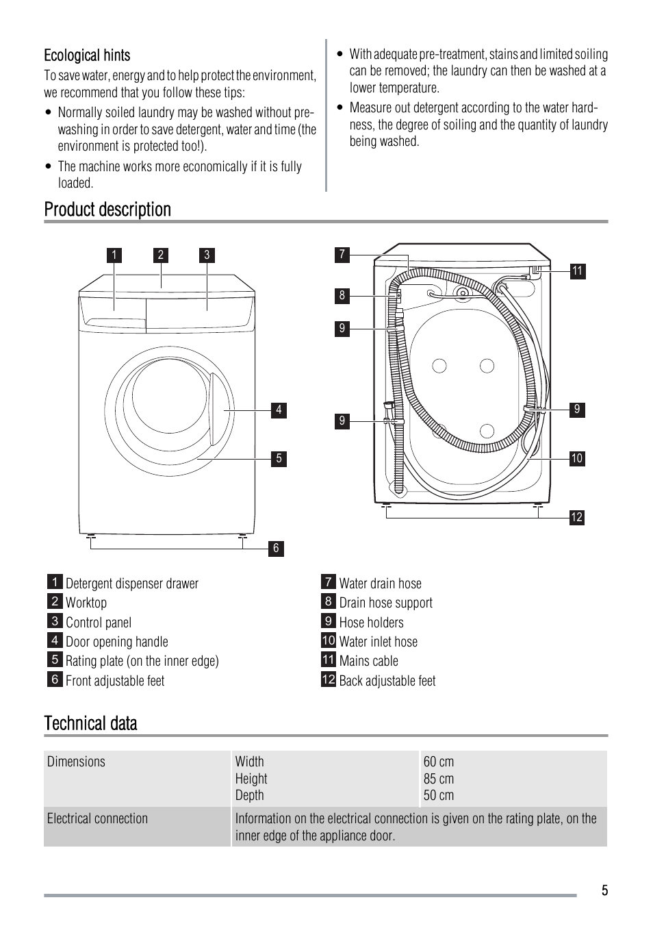 Product description, Technical data | Zanussi ZWG 7120 P User Manual | Page 5 / 32