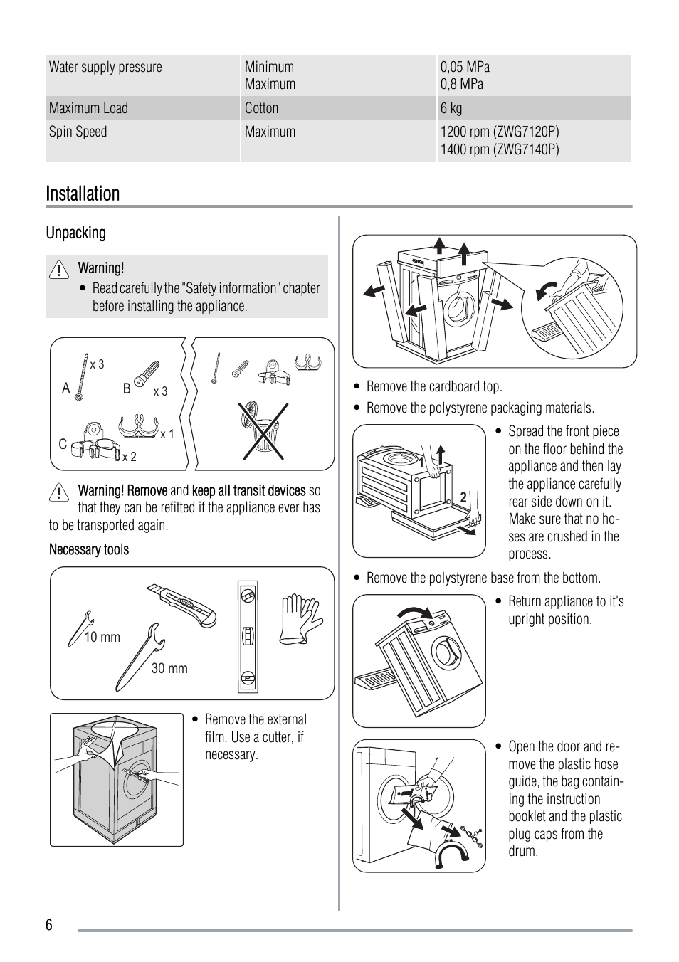 Installation | Zanussi ZWG 7120 P User Manual | Page 6 / 32