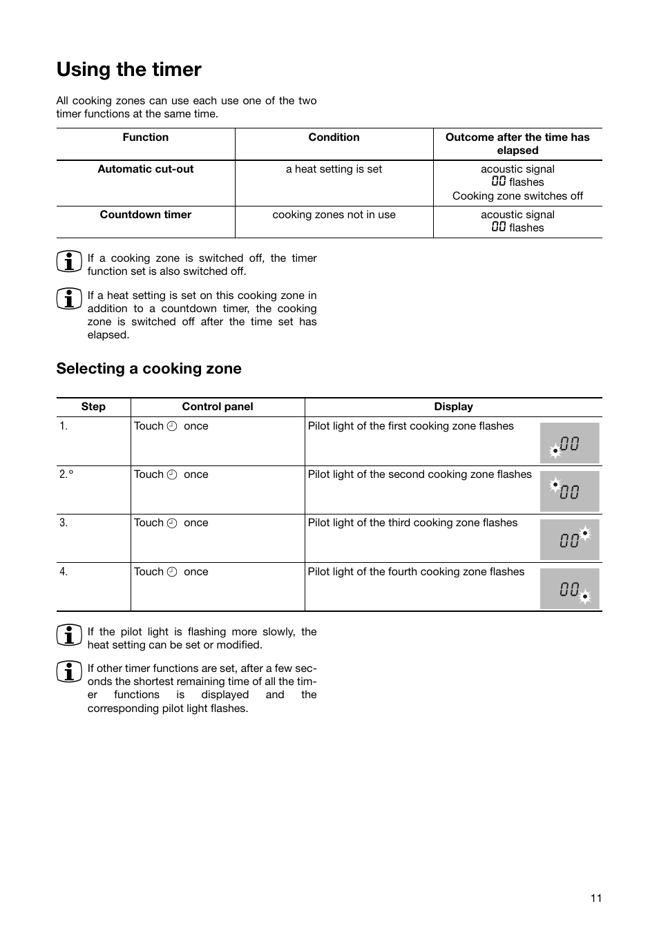 Using the timer, Selecting a cooking zone | Zanussi ZKT 651 D User Manual | Page 11 / 28