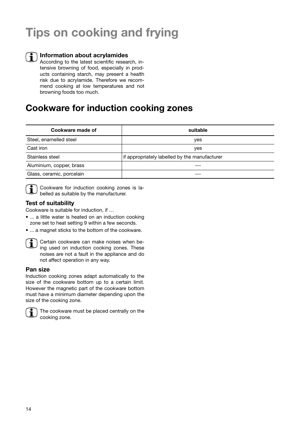 Tips on cooking and frying 3, Cookware for induction cooking zones | Zanussi ZKT 651 D User Manual | Page 14 / 28