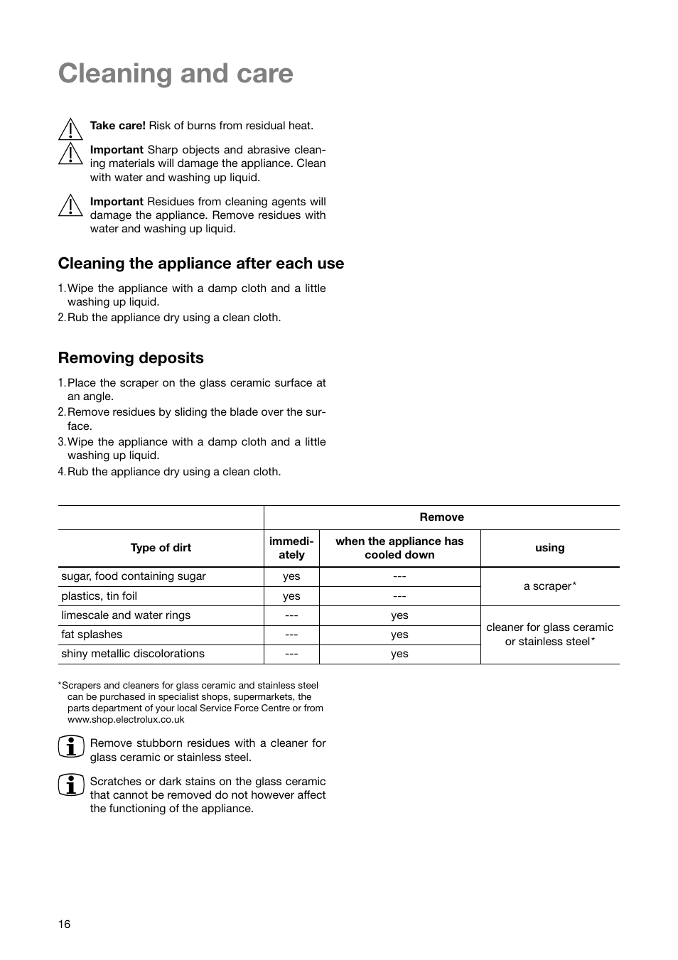 Cleaning and care 1, Cleaning the appliance after each use, Removing deposits | Zanussi ZKT 651 D User Manual | Page 16 / 28