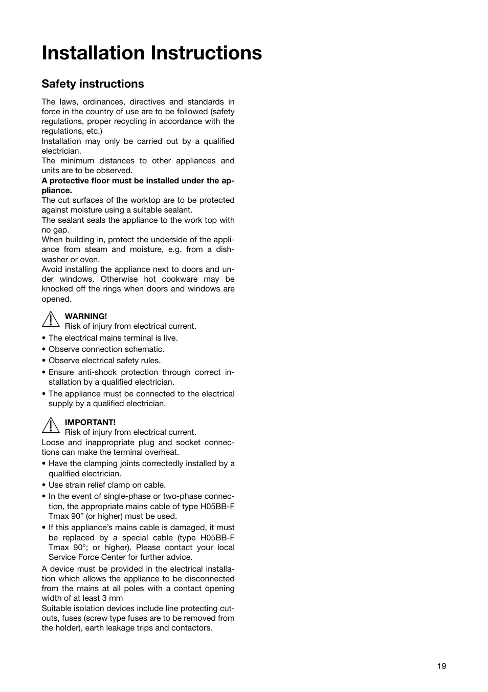 Installation instructions, Safety instructions | Zanussi ZKT 651 D User Manual | Page 19 / 28