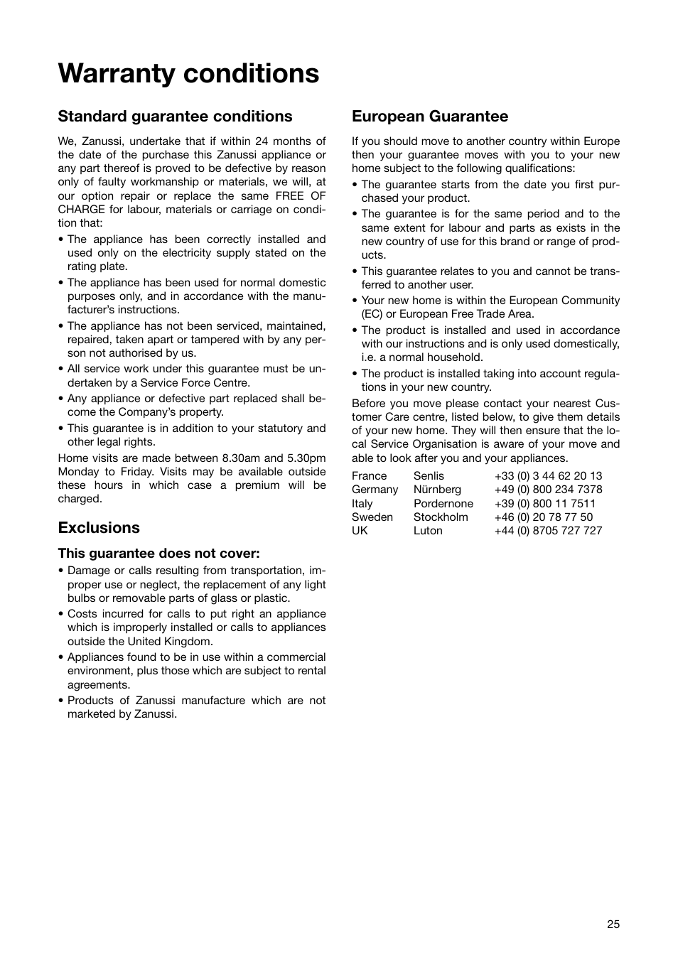 Warranty conditions, Standard guarantee conditions, Exclusions | European guarantee | Zanussi ZKT 651 D User Manual | Page 25 / 28