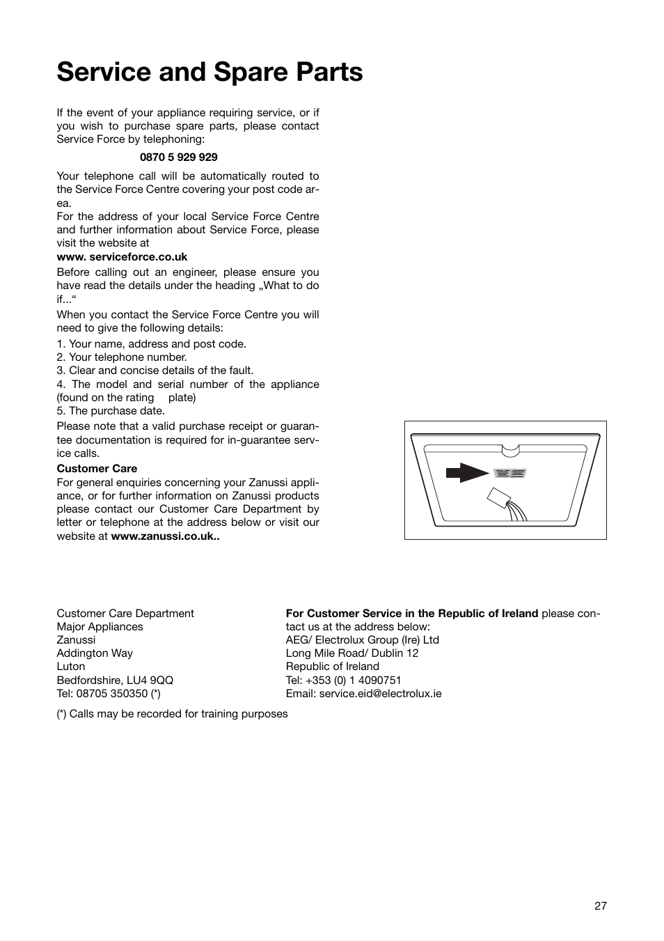 Service and spare parts | Zanussi ZKT 651 D User Manual | Page 27 / 28